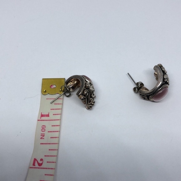 𝅺Antique silver tone small half hoop cat’s eye earrings cabachon vintage. - Picture 5 of 7